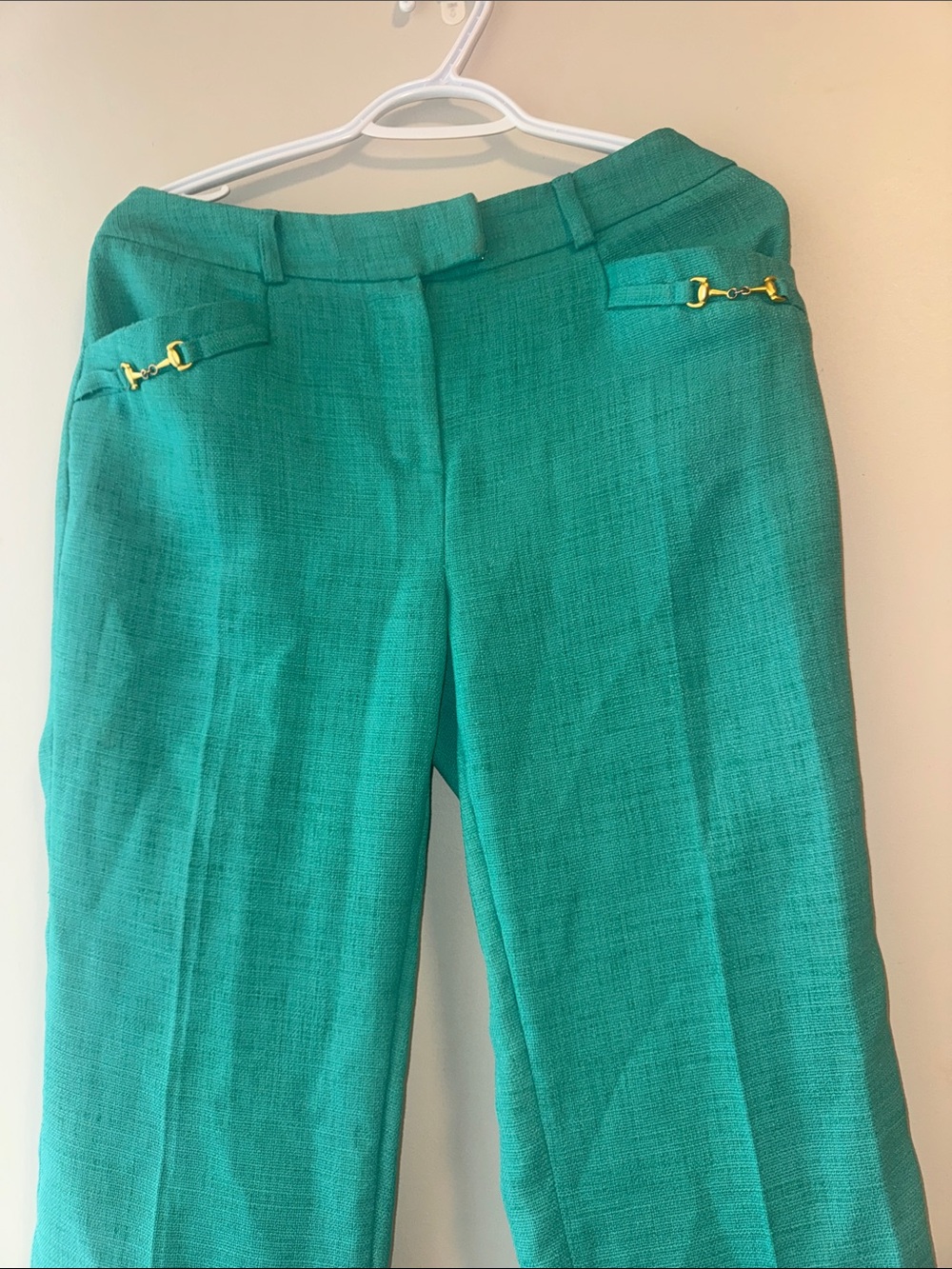 High-Rise Teal Straight-Leg Pants with Gold Accent